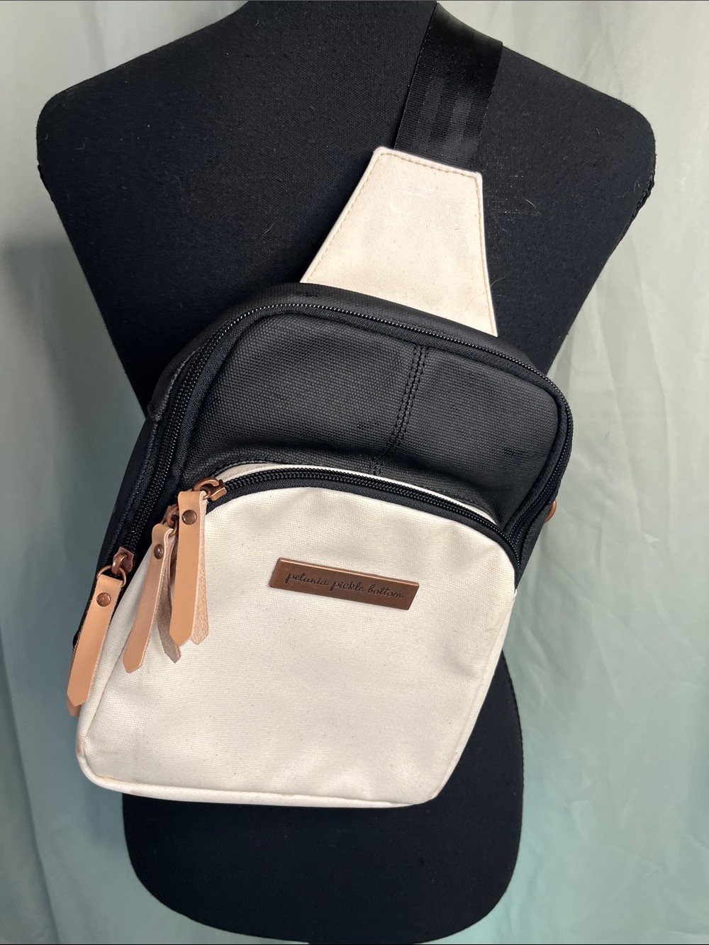 Petunia Pickle Bottom Black and Cream Criss Cross Sling Bag with Tan Accents